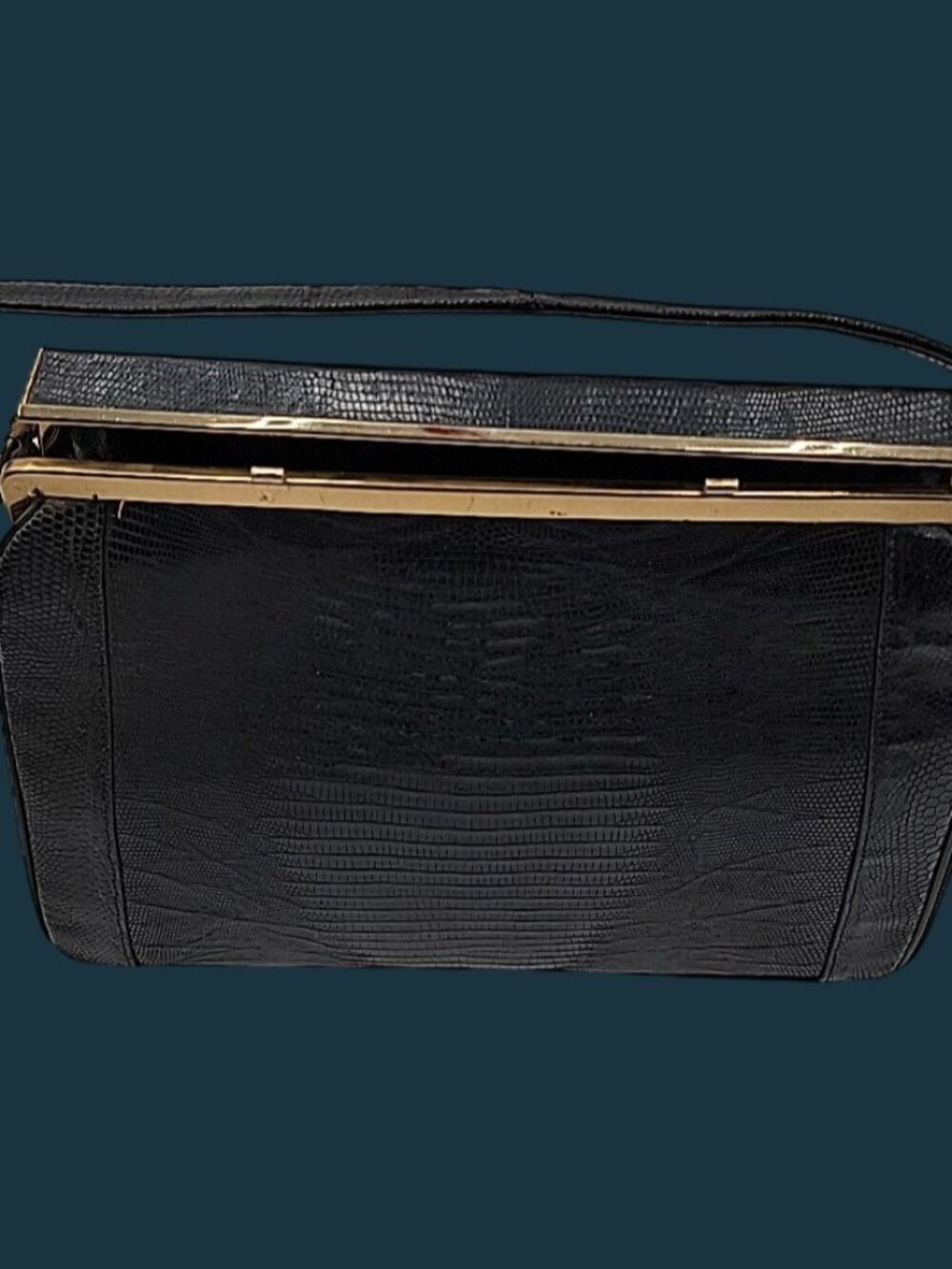 Vintage Sterling USA Black Genuine Lizard Skin Handbag Mid Century Frame Purse - Picture 2 of 16
